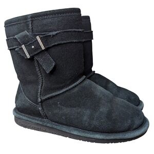 Kids Size 1 BearPaw Black Suede Leather Pull On Ankle Boots Warm Winter